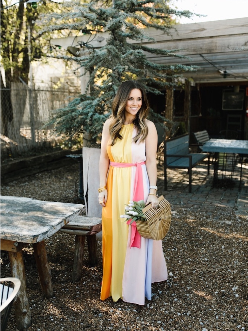 Eva Mendes Colorblock Maxi Dress Yellow, Pink & Orange